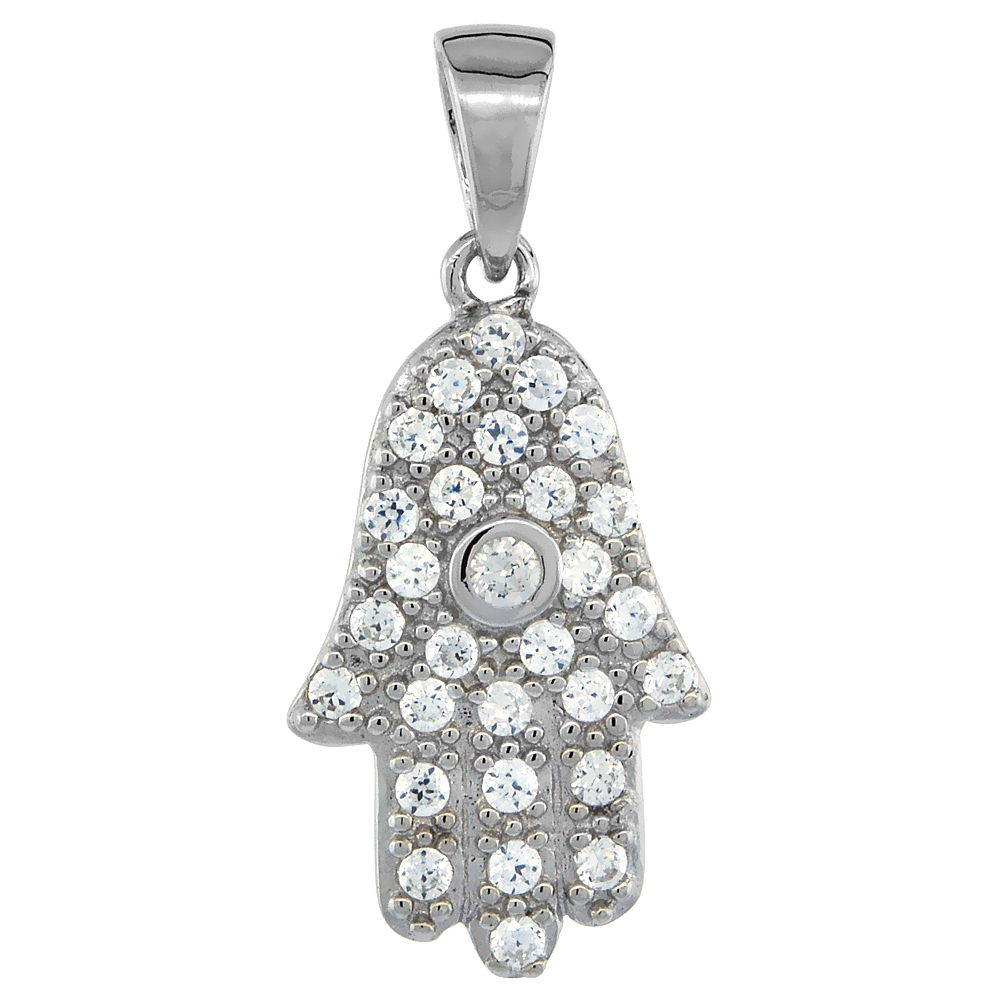 Sterling Silver Hamsa (Hand of God) White Center Pendant with CZ Stones, 3/4 inch long