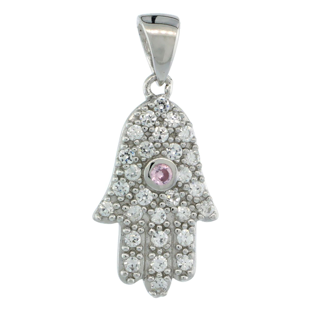 STERLING SILVER HAMSA ( HAND OF GOD ) PINK CENTER PENDANT W/ CUBIC ZIRCONIA STONES 3/4 IN. (19 MM) TALL