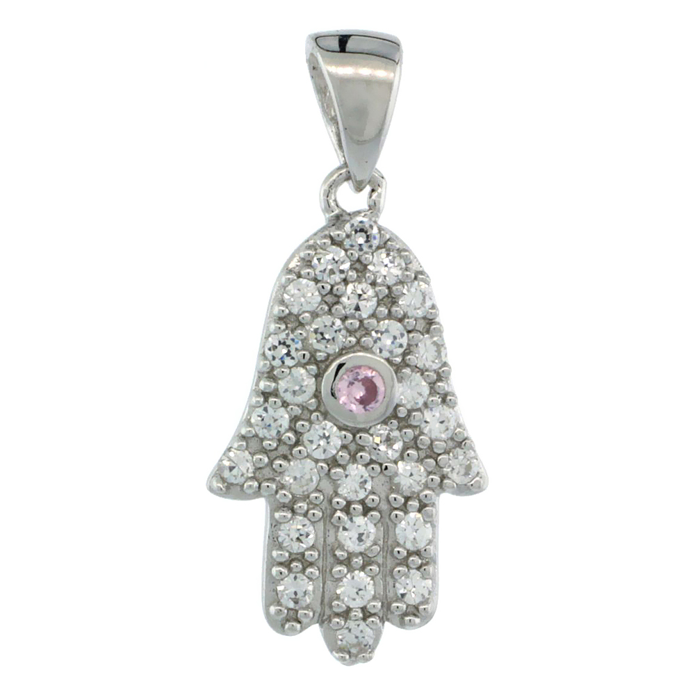 Sterling Silver Hamsa ( Hand of God ) Pink Center Pendant w/ Cubic Zirconia Stones, 3/4 in. (19 mm) tall