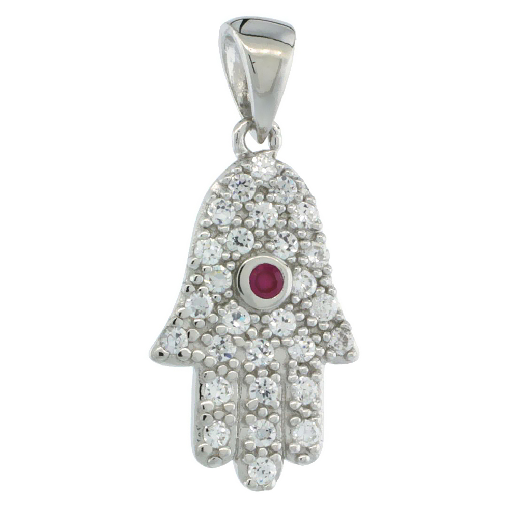 Sterling Silver Hamsa ( Hand of God ) Red Center Pendant w/ Cubic Zirconia Stones, 3/4 in. (19 mm) tall