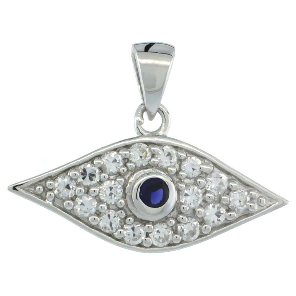 STERLING SILVER EVIL EYE BLUE CENTER PENDANT W/ CUBIC ZIRCONIA STONES 7/8 IN. (23 MM) WIDE