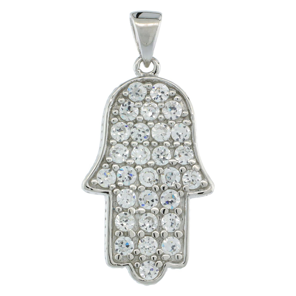 STERLING SILVER HAMSA ( HAND OF GOD ) PENDANT W/ CUBIC ZIRCONIA STONES 15/16 IN. (24 MM) TALL