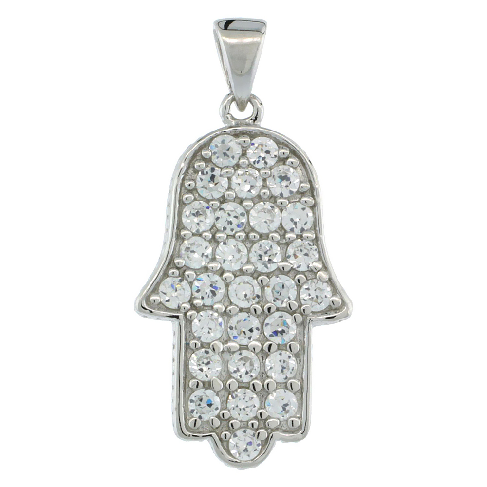 Sterling Silver Hamsa ( Hand of God ) Pendant w/ Cubic Zirconia Stones, 15/16 in. (24 mm) tall