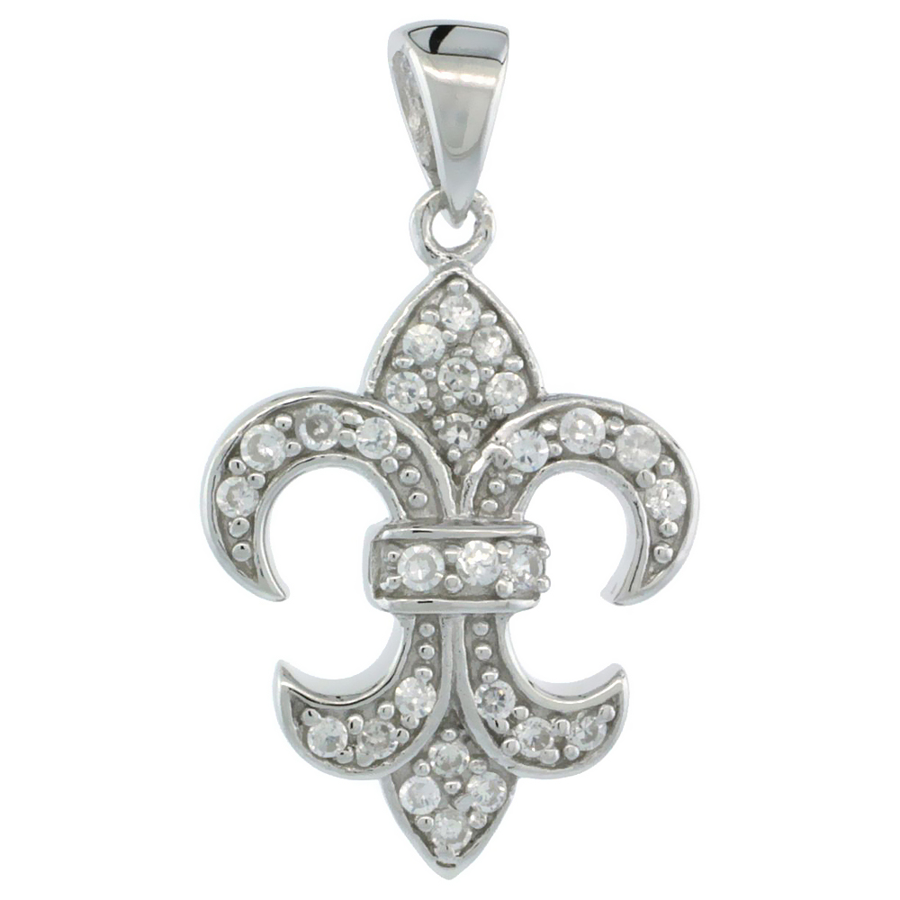 STERLING SILVER FLEUR DE LIS PENDANT W/ CUBIC ZIRCONIA STONES 13/16 IN. (21 MM) TALL