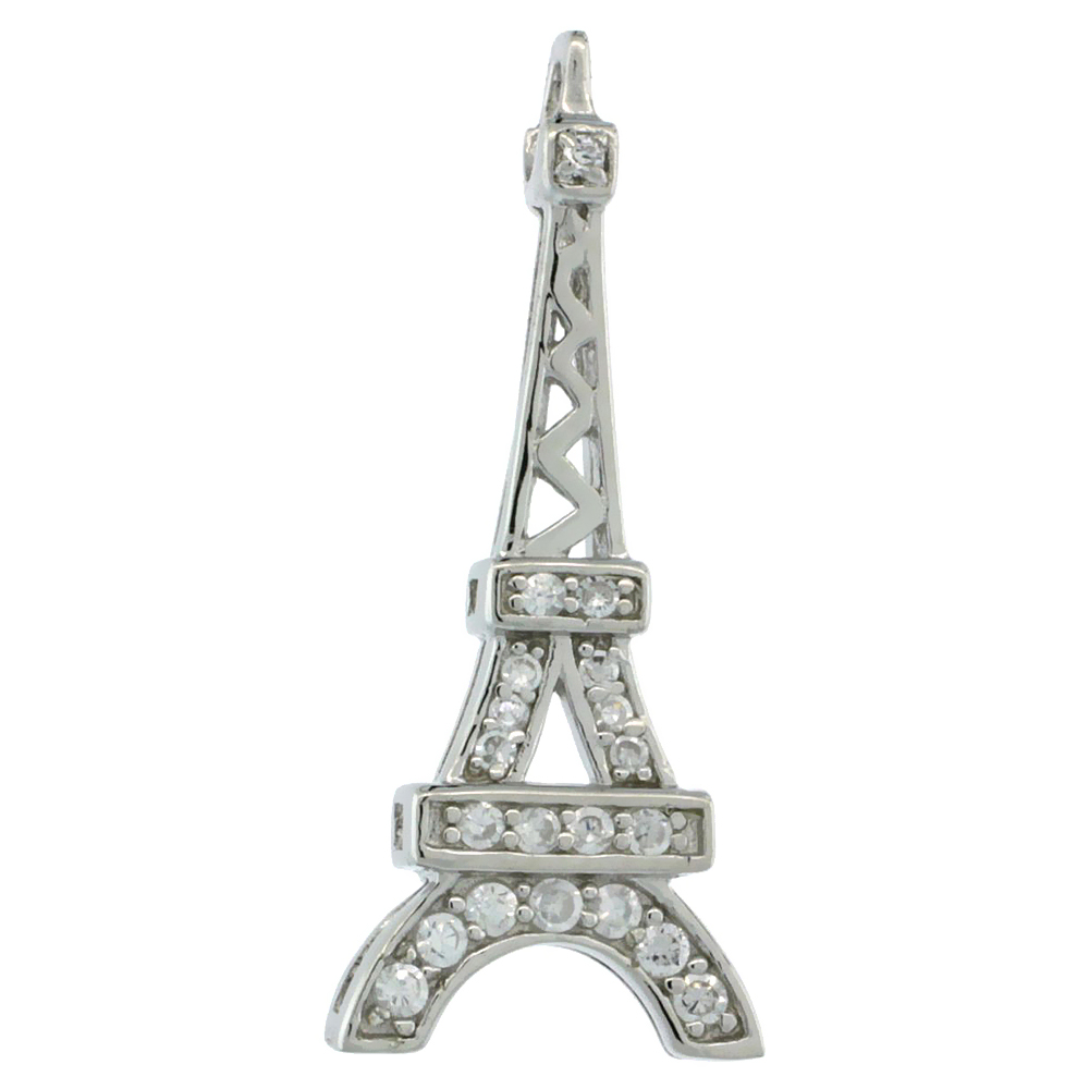 STERLING SILVER EIFFEL TOWER PENDANT W/ CUBIC ZIRCONIA STONES 1 1/16 IN. (26 MM) TALL