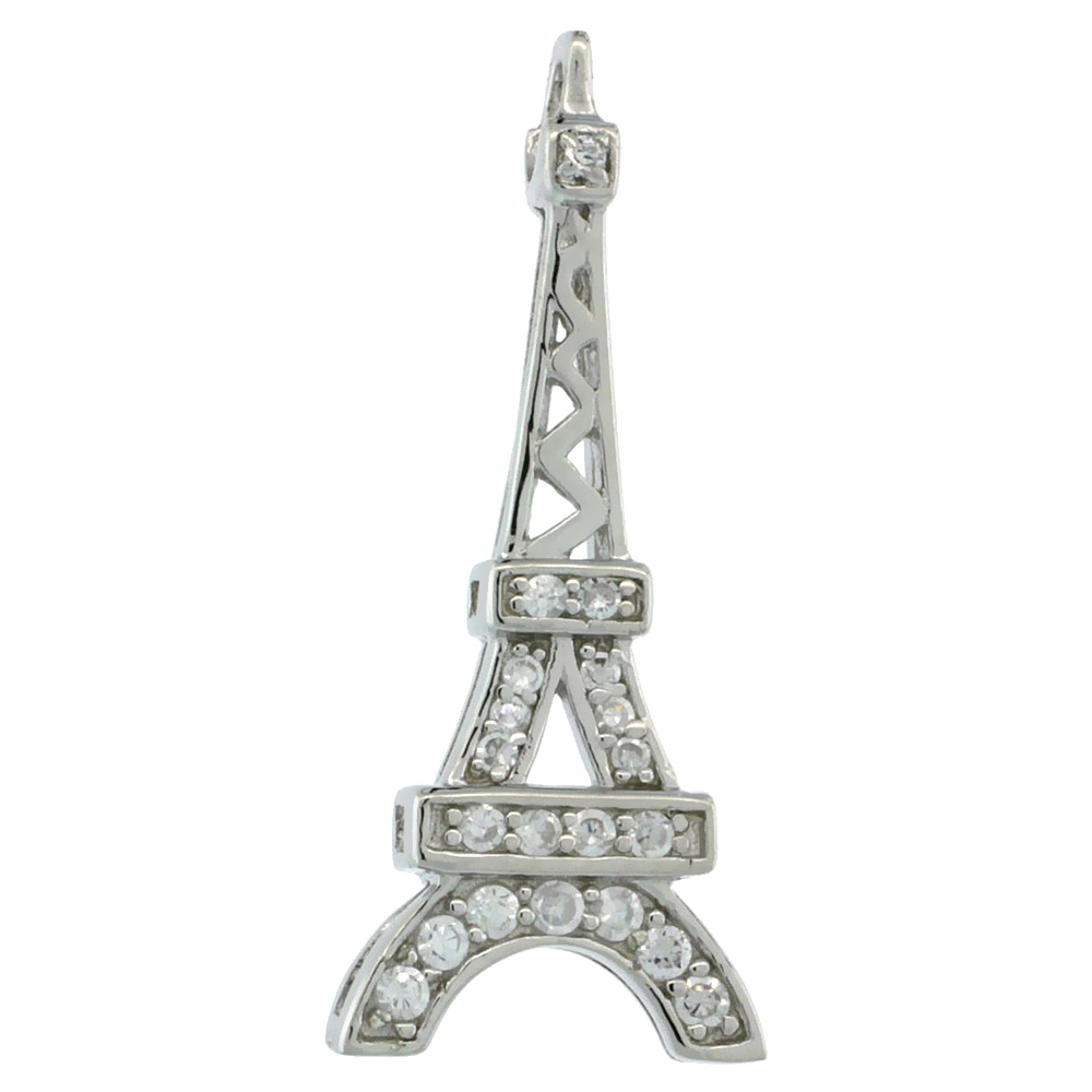Sterling Silver Eiffel Tower Pendant w/ Cubic Zirconia Stones, 1 1/16 in. (26 mm) tall