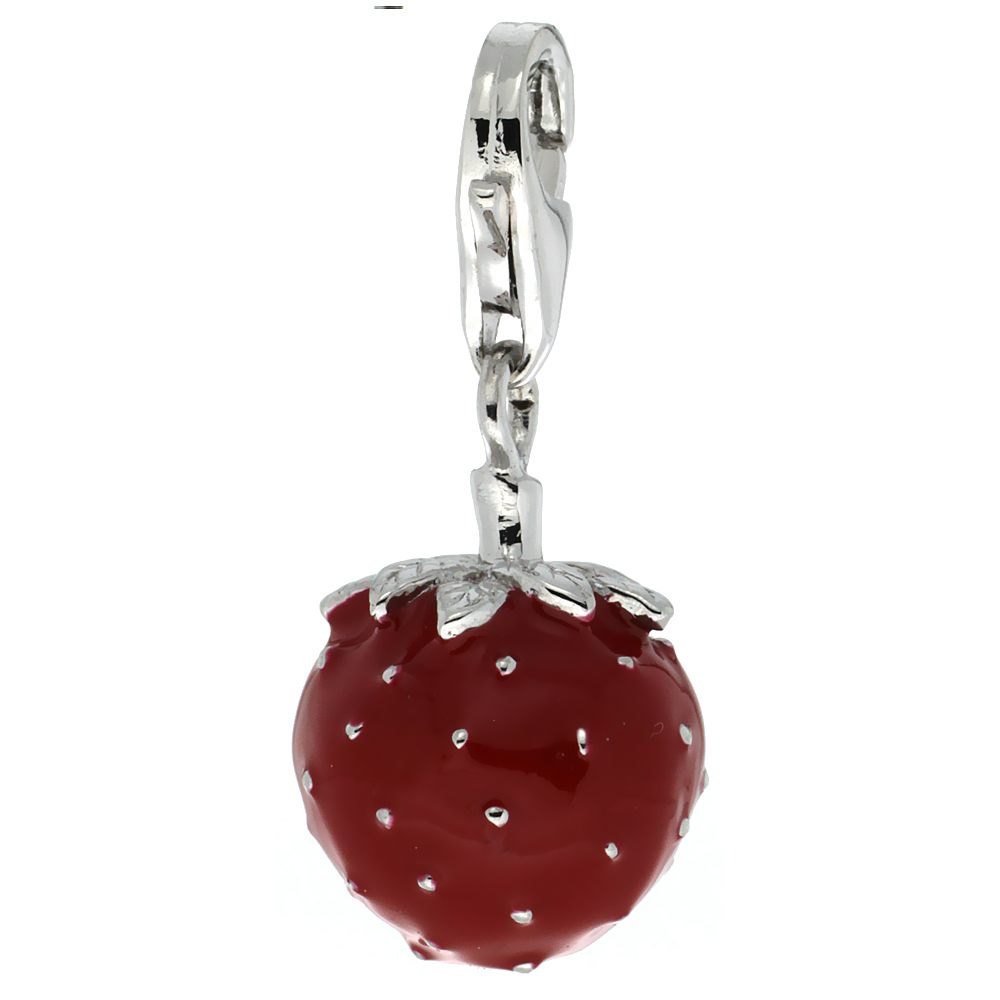 STERLING SILVER ENAMEL RED STRAWBERRY CHARM WITH LOBSTER CLASP FOR BRACELETS WOMEN 11/16 INCH