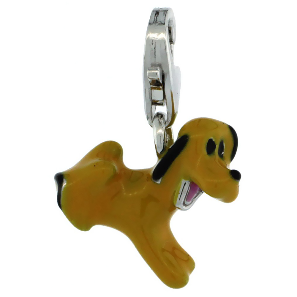 Sterling Silver Enamel Amber Puppy Dog Charm with Lobster Clasp for Bracelets Women 1/2 inch