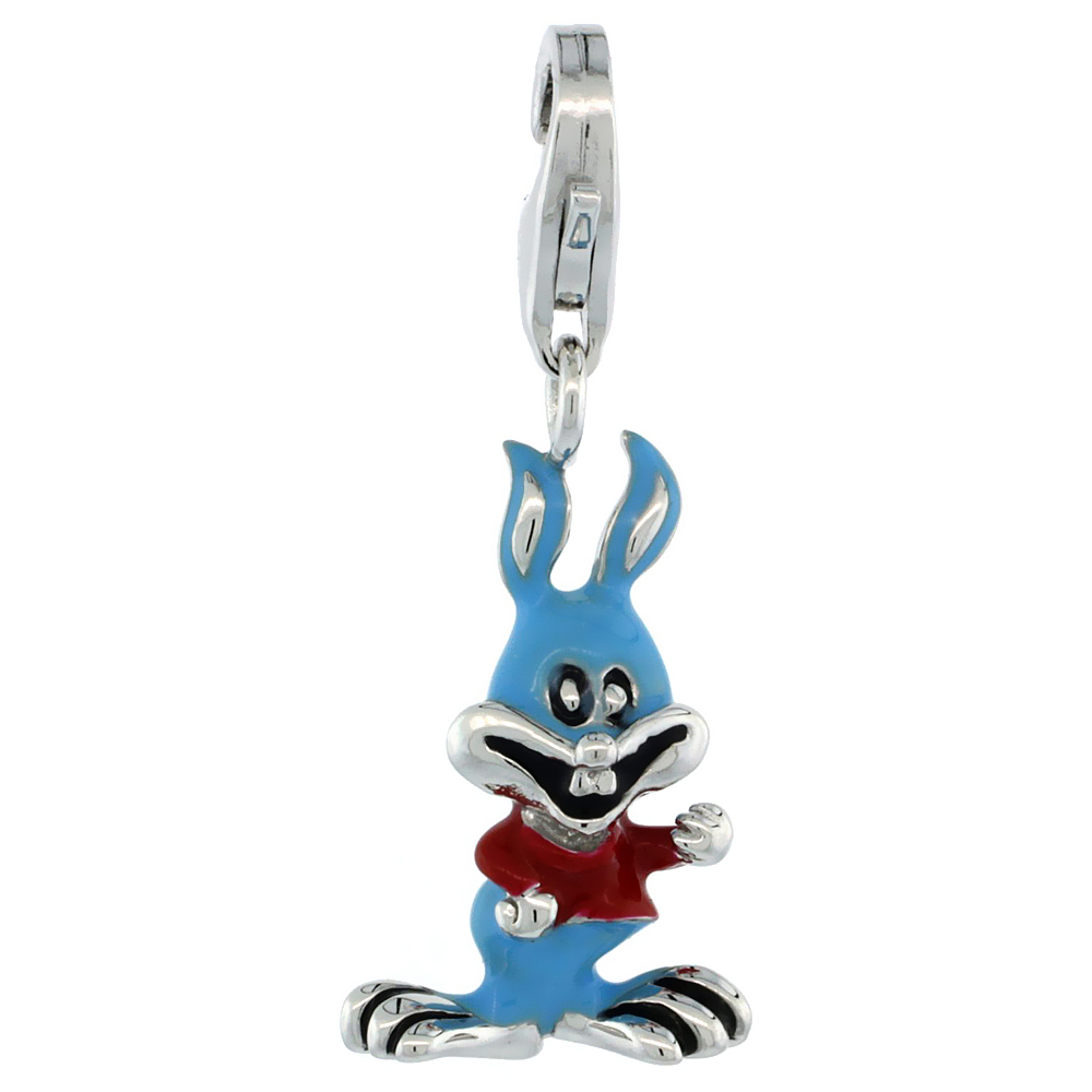 Sterling Silver Enamel Blue & Red Boy Bunny Rabbit Charm with Lobster Clasp for Bracelets Women 3/4 inch