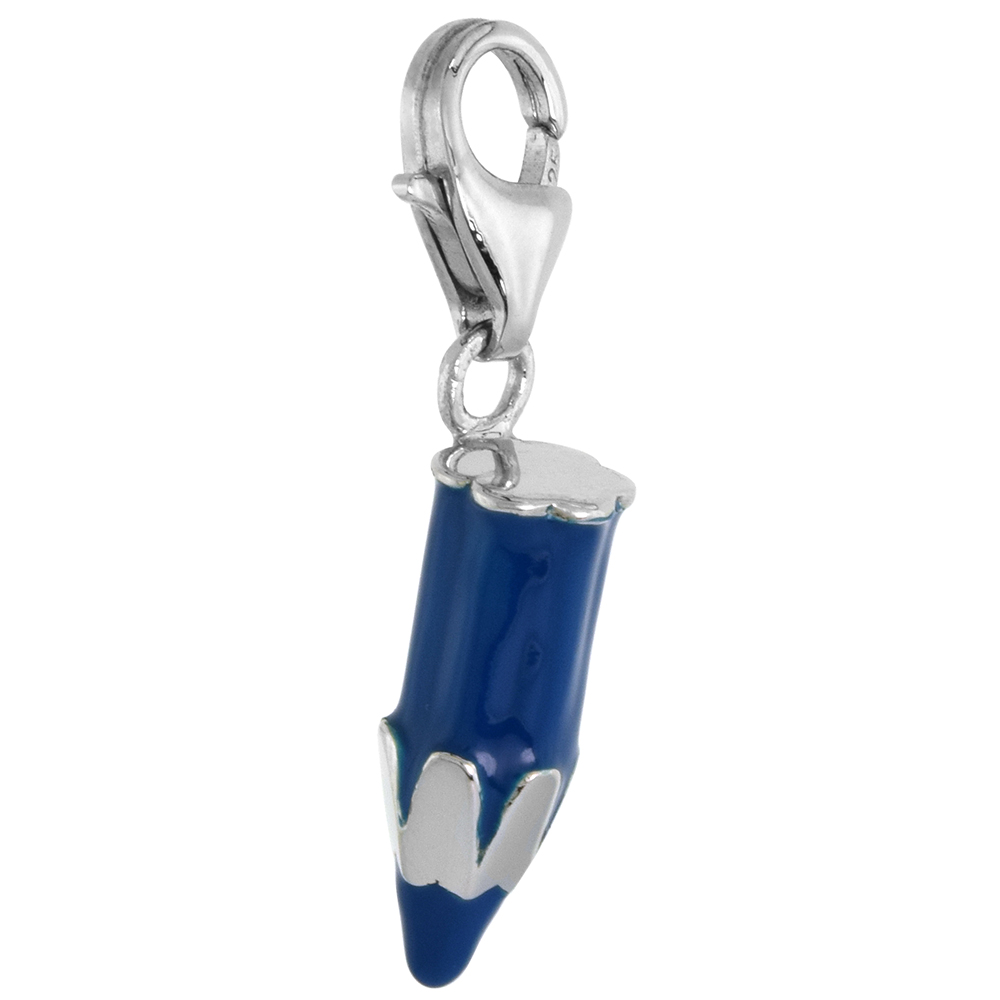 Sterling Silver Enamel Navy Blue Pencil Charm with Lobster Clasp for Bracelets Women 3/4 inch