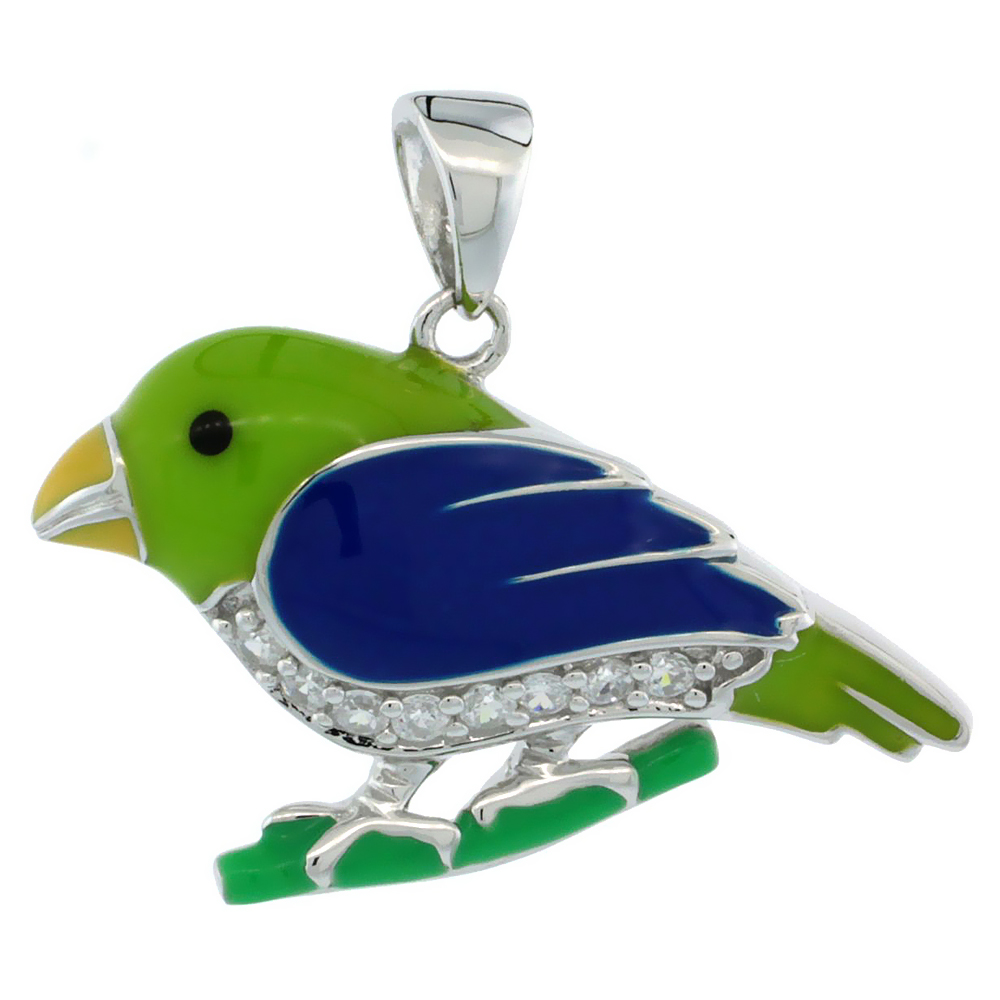 STERLING SILVER ENAMEL GREEN & BLUE SONG BIRD PENDANT FOR WOMEN CZ ACCENT 1 INCH