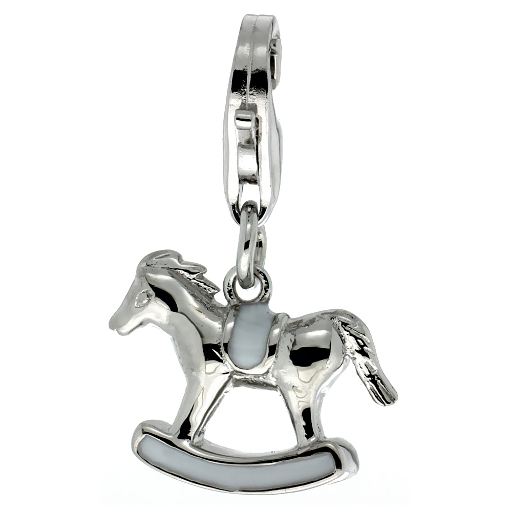 Sterling Silver Enamel White Rocking Horse Charm with Lobster Clasp for Bracelets Women 9/16 inch