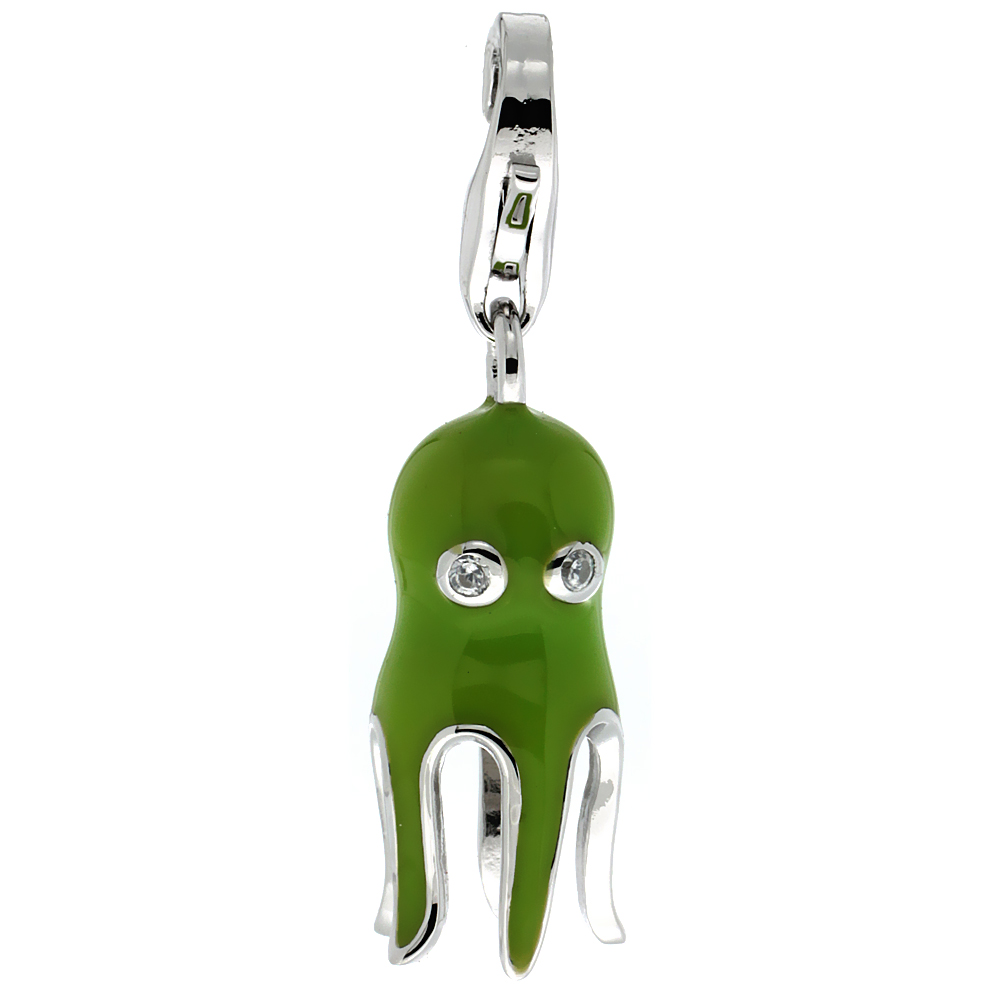 STERLING SILVER ENAMEL GREEN OCTOPUS CHARM WITH LOBSTER CLASP FOR BRACELETS WOMEN CZ EYES 13/16 INCH