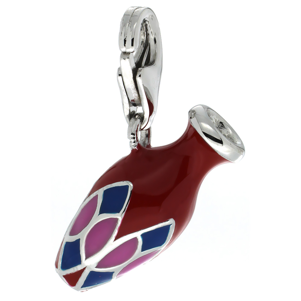 Sterling Silver Enamel Pink Blue Red Vase Charm with Lobster Clasp for Bracelets Women 3/4 inch