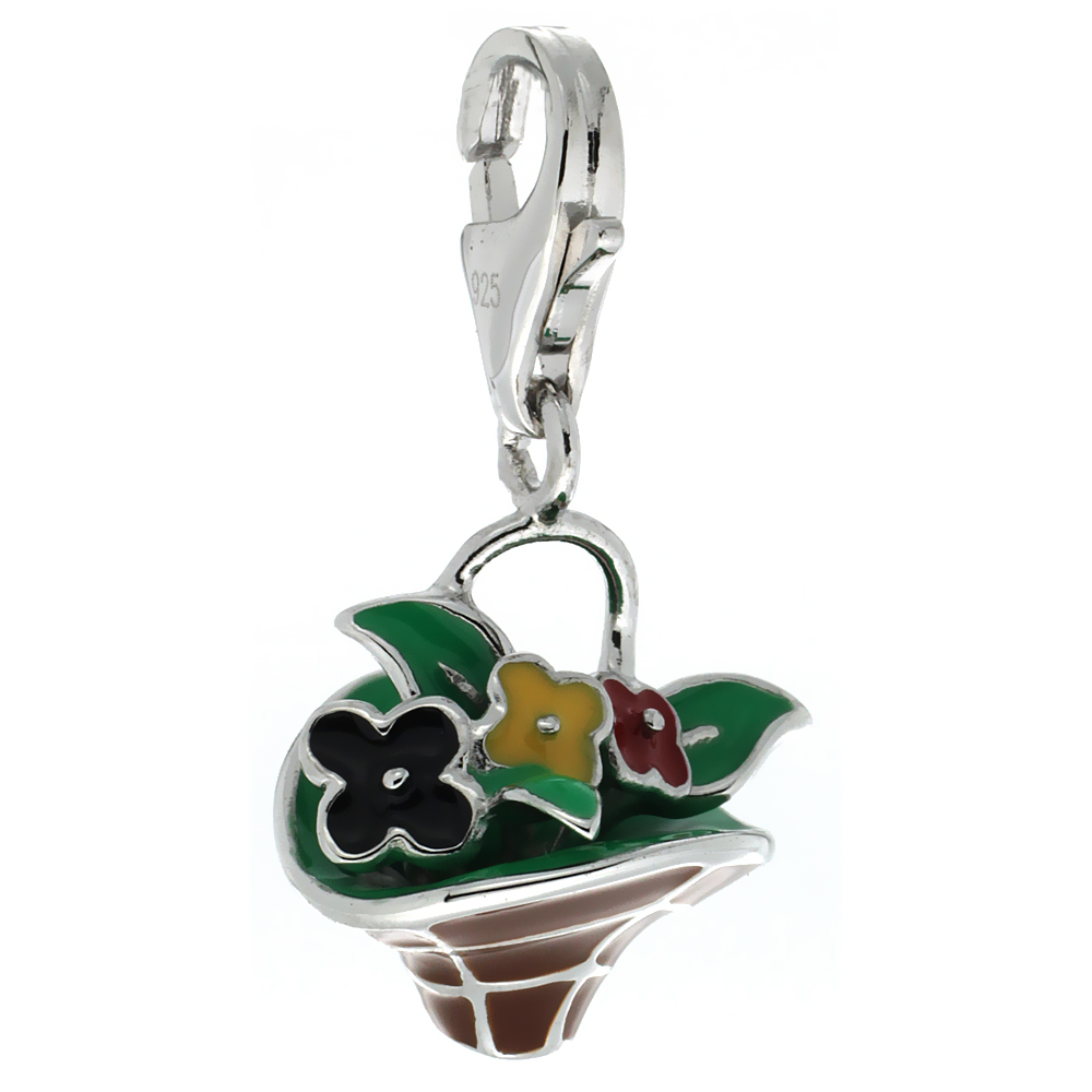 STERLING SILVER ENAMEL MULTI-COLOR FLOWER BASKET CHARM WITH LOBSTER CLASP FOR BRACELETS WOMEN 11/16 INCH