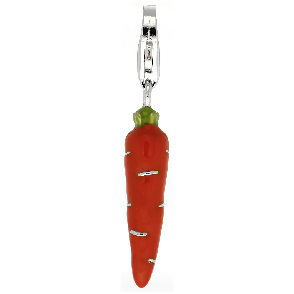 Sterling Silver Enamel Green & Red Carrot Charm with Lobster Clasp for Bracelets Women 1 inch