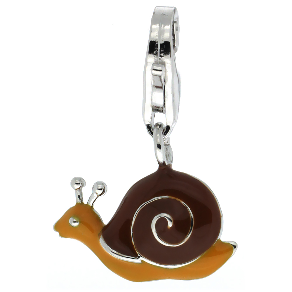 STERLING SILVER ENAMEL ORANGE & BROWN SNAIL CHARM WITH LOBSTER CLASP FOR BRACELETS WOMEN 9/16 INCH
