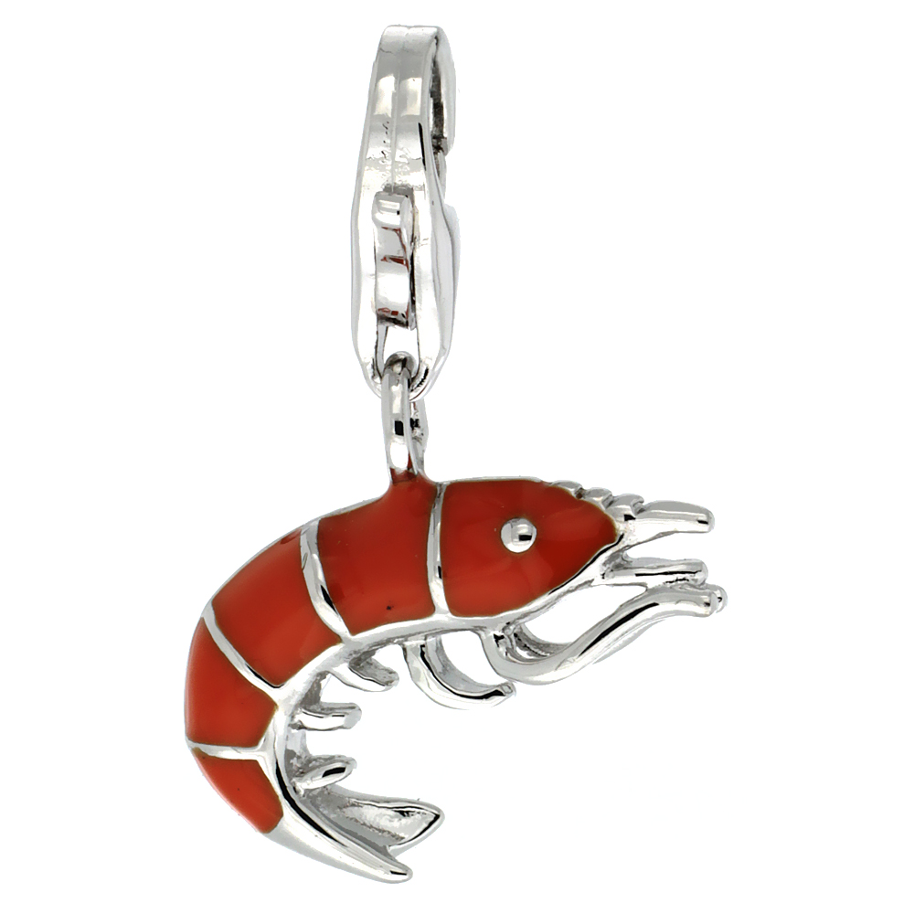 Sterling Silver Enamel Red Shrimp Charm with Lobster Clasp for Bracelets Women 5/8 inch