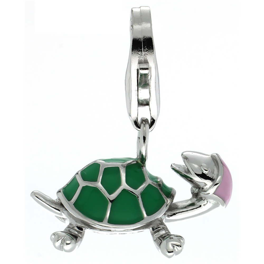 Sterling Silver Enamel Pink & Green Girl Turtle Charm with Lobster Clasp for Bracelets Women 11/16 inch