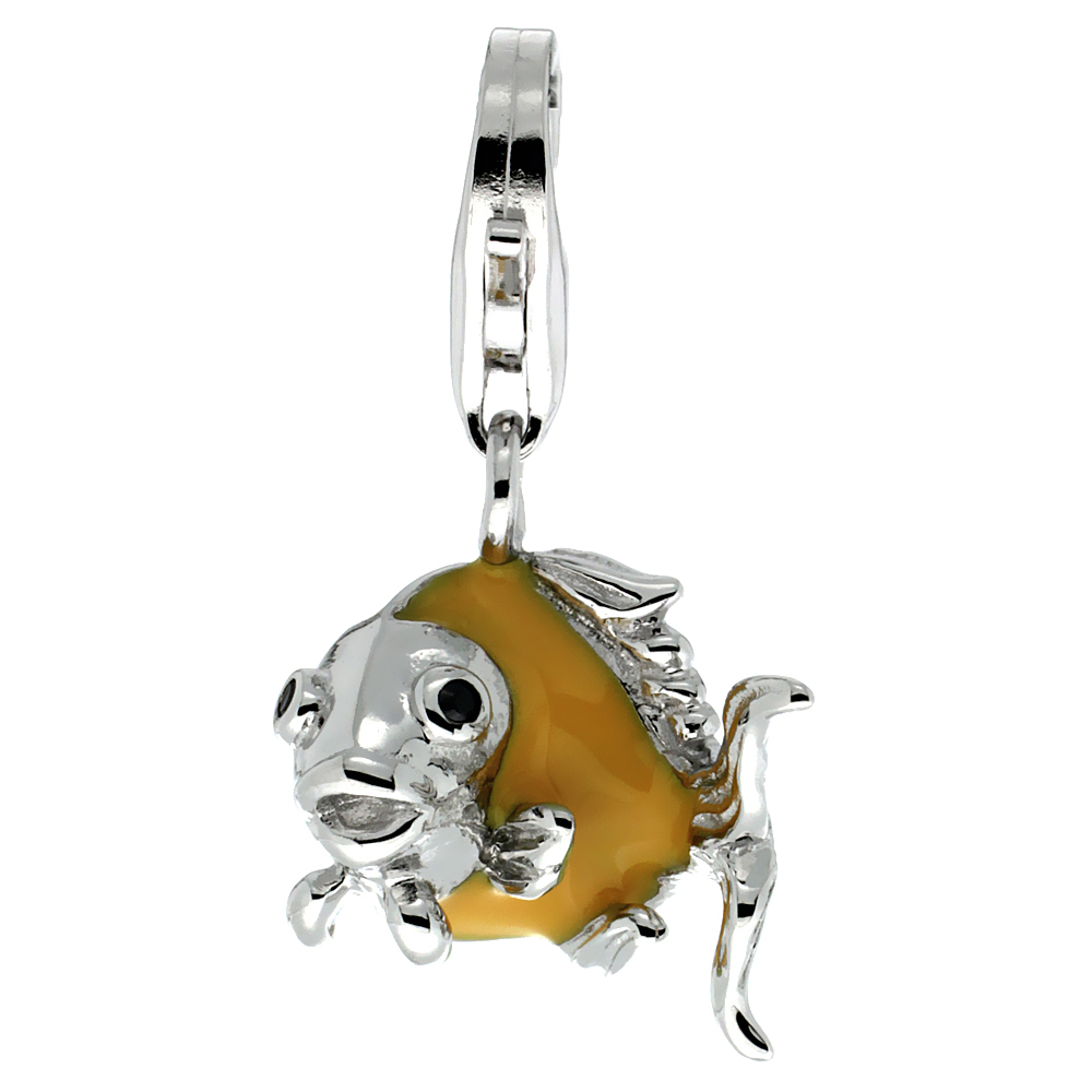 STERLING SILVER ENAMEL ORANGE FISH CHARM WITH LOBSTER CLASP FOR BRACELETS WOMEN 1/2 INCH