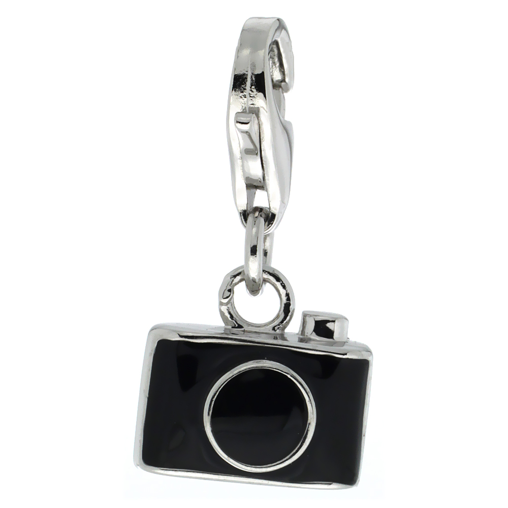 Sterling Silver Enamel Black Camera Charm with Lobster Clasp for Bracelets Women 7/16 inch
