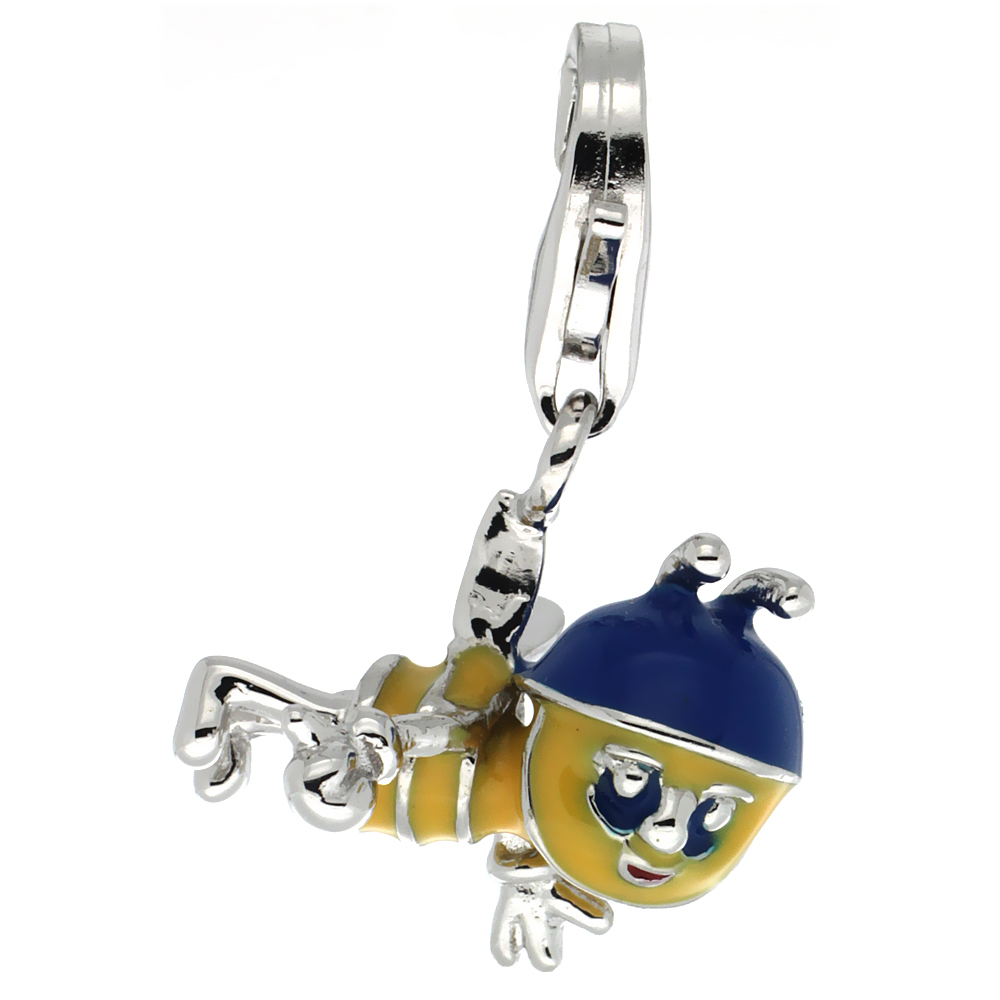 STERLING SILVER ENAMEL BLUE & YELLOW BUMBLE BEE CHARM WITH LOBSTER CLASP FOR BRACELETS WOMEN 5/8 INCH