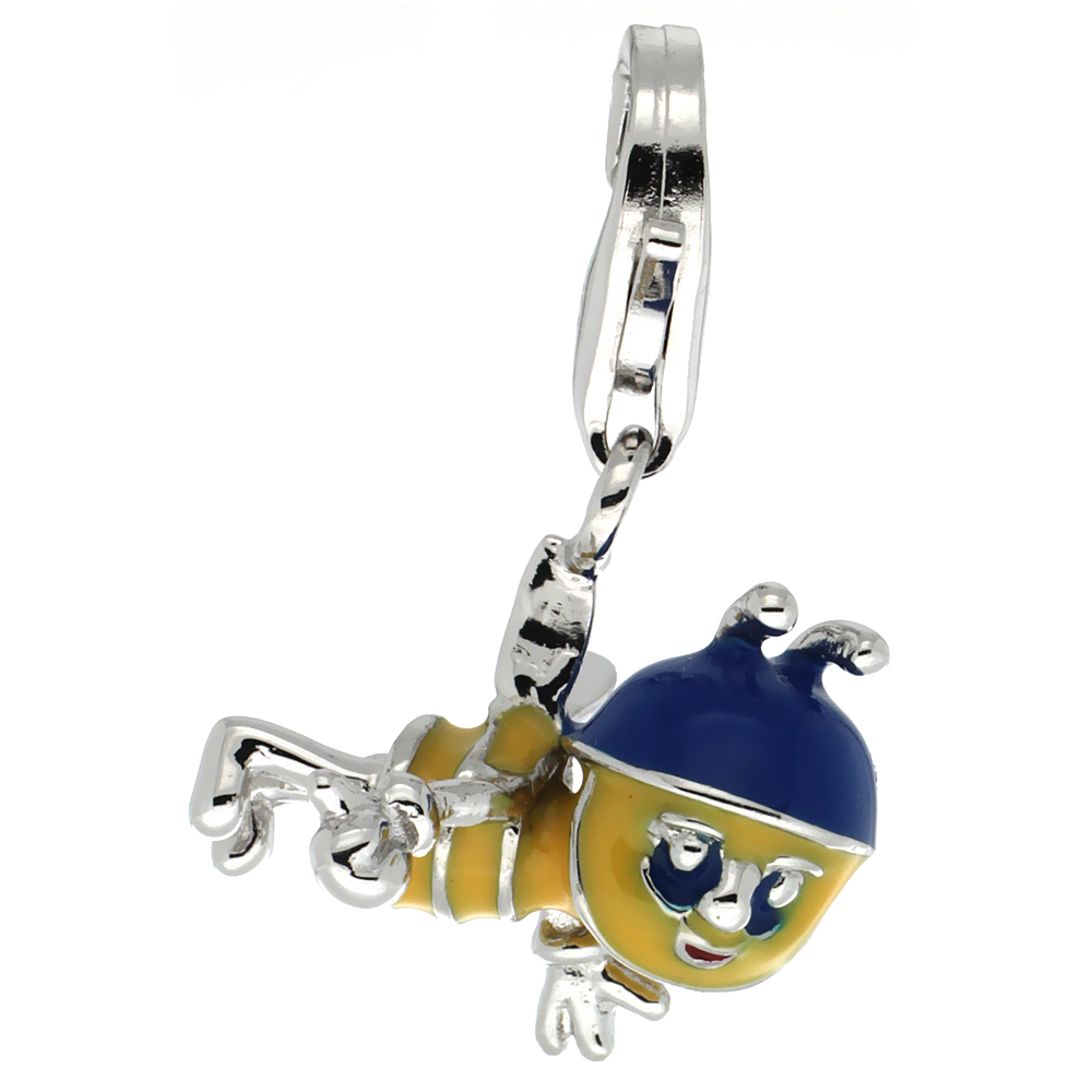 Sterling Silver Enamel Blue &amp; Yellow Bumble Bee Charm with Lobster Clasp for Bracelets Women 5/8 inch