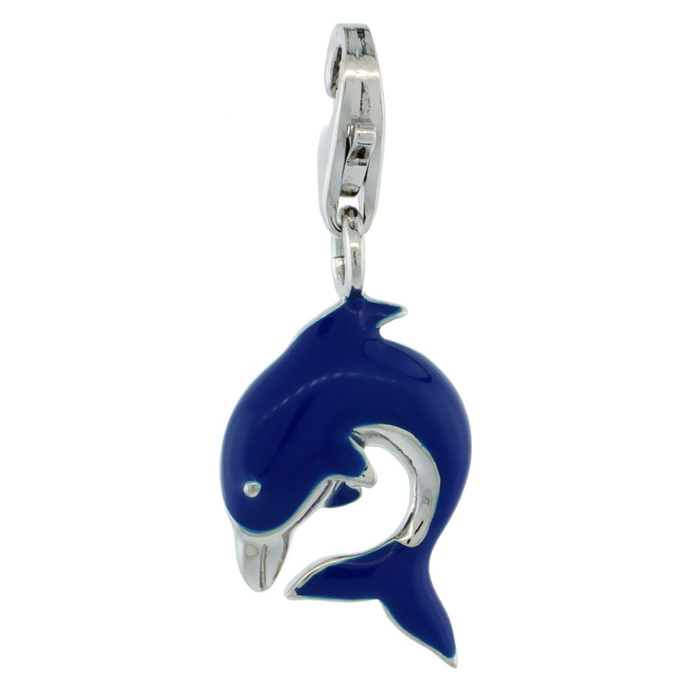 STERLING SILVER ENAMEL BLUE FLIPPING DOLPHIN CHARM WITH LOBSTER CLASP FOR BRACELETS WOMEN 3/4 INCH