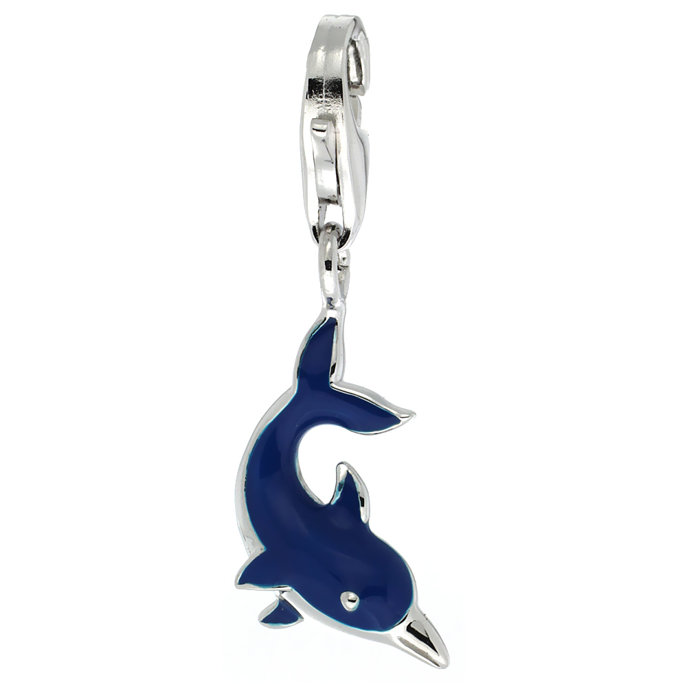 Sterling Silver Enamel Blue Dolphin Charm with Lobster Clasp for Bracelets Women 13/16 inch