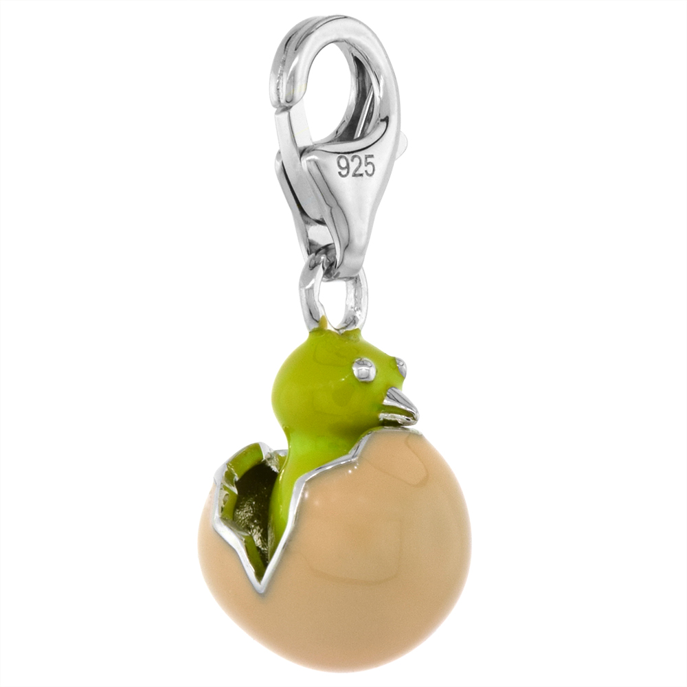 Sterling Silver Enamel Pink &amp; Yellow Hatching Egg Charm with Lobster Clasp for Bracelets Women 5/8 inch