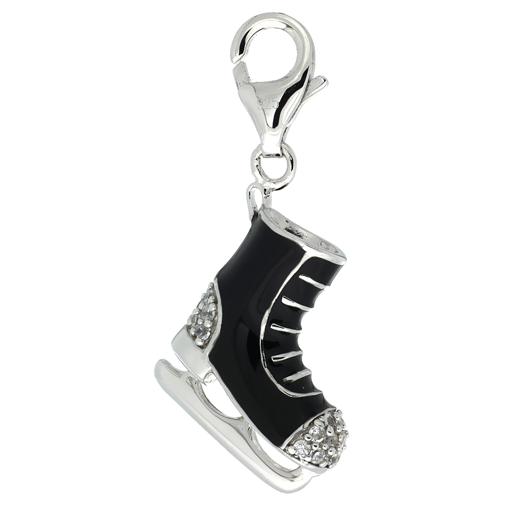 STERLING SILVER ENAMEL BLACK ICE SKATE CHARM WITH LOBSTER CLASP FOR BRACELETS WOMEN CZ ACCENT 7/8 INCH