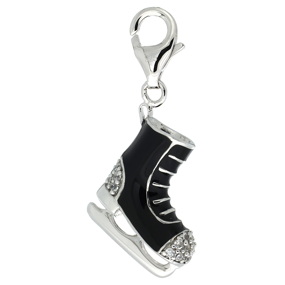 Sterling Silver Enamel Black Ice Skate Charm with Lobster Clasp for Bracelets Women CZ Accent 7/8 inch