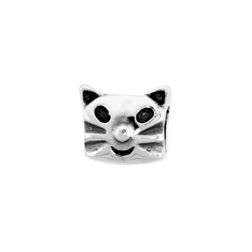 STERLING SILVER LITTLE WHISKER CAT CHARM BEAD FOR CHARM BRACELETS FITS 3MM SNAKE CHAIN BRACELETS OXIDIZED FINISH