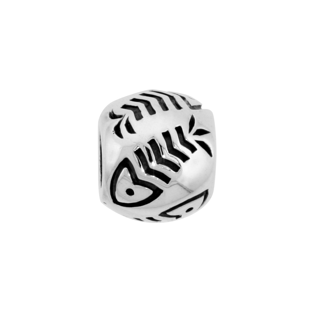 STERLING SILVER FISH BONE CHARM BEAD FOR CHARM BRACELETS FITS 3MM SNAKE CHAIN BRACELETS OXIDIZED FINISH