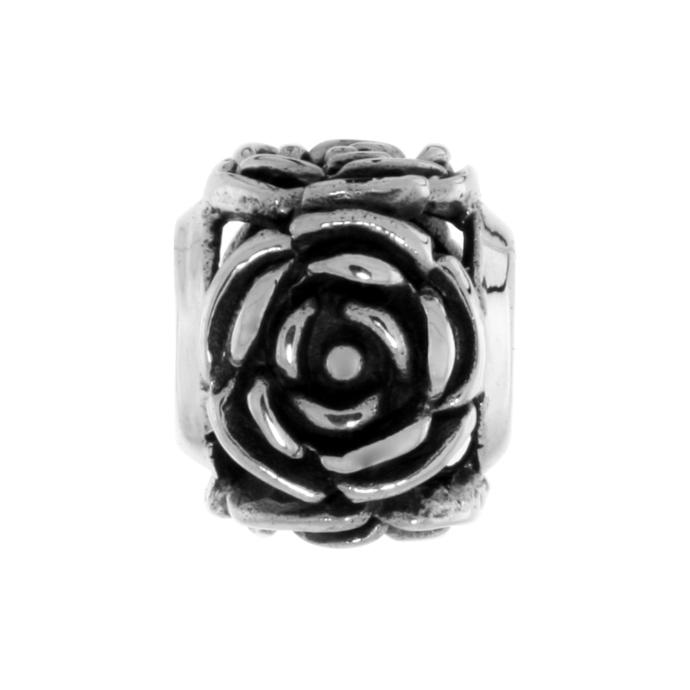 STERLING SILVER ROSE CHARM BEAD FOR CHARM BRACELETS FITS 3MM SNAKE CHAIN BRACELETS OXIDIZED FINISH