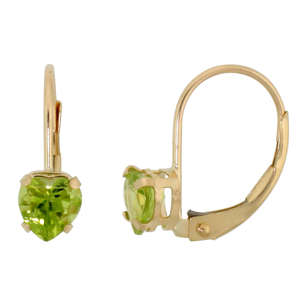 10K YELLOW GOLD NATURAL PERIDOT HEART LEVERBACK EARRINGS 5MM AUGUST BIRTHSTONE, 9/16 INCH LONG