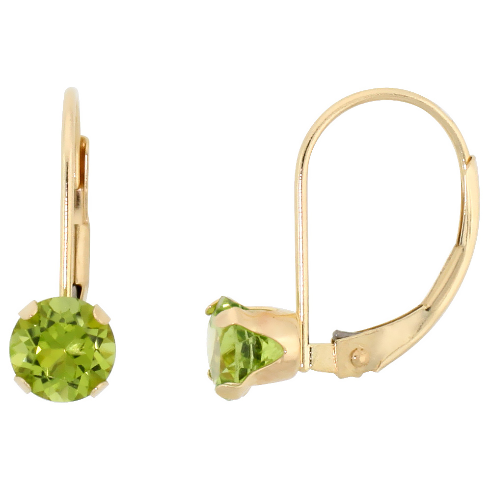 10K YELLOW GOLD NATURAL PERIDOT LEVERBACK EARRINGS 5MM BRILLIANT CUT AUGUST BIRTHSTONE, 9/16 INCH LONG