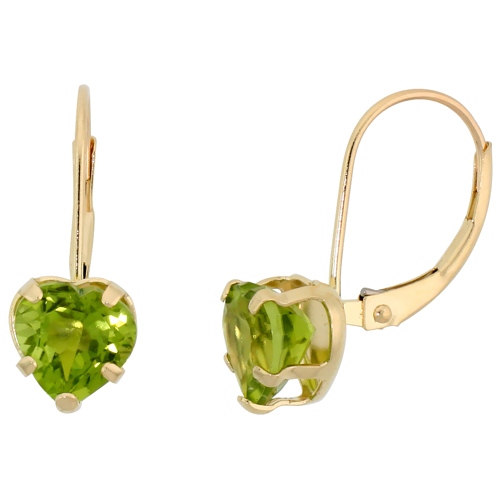 10K YELLOW GOLD NATURAL PERIDOT LEVERBACK HEART EARRINGS 7MM AUGUST BIRTHSTONE