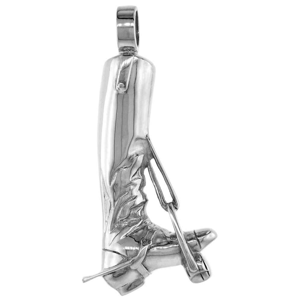 Sterling Silver Mens Horse Riding Boot in Stirrup Pendant Flawless High Polish Finish 1 1/2 inch tall