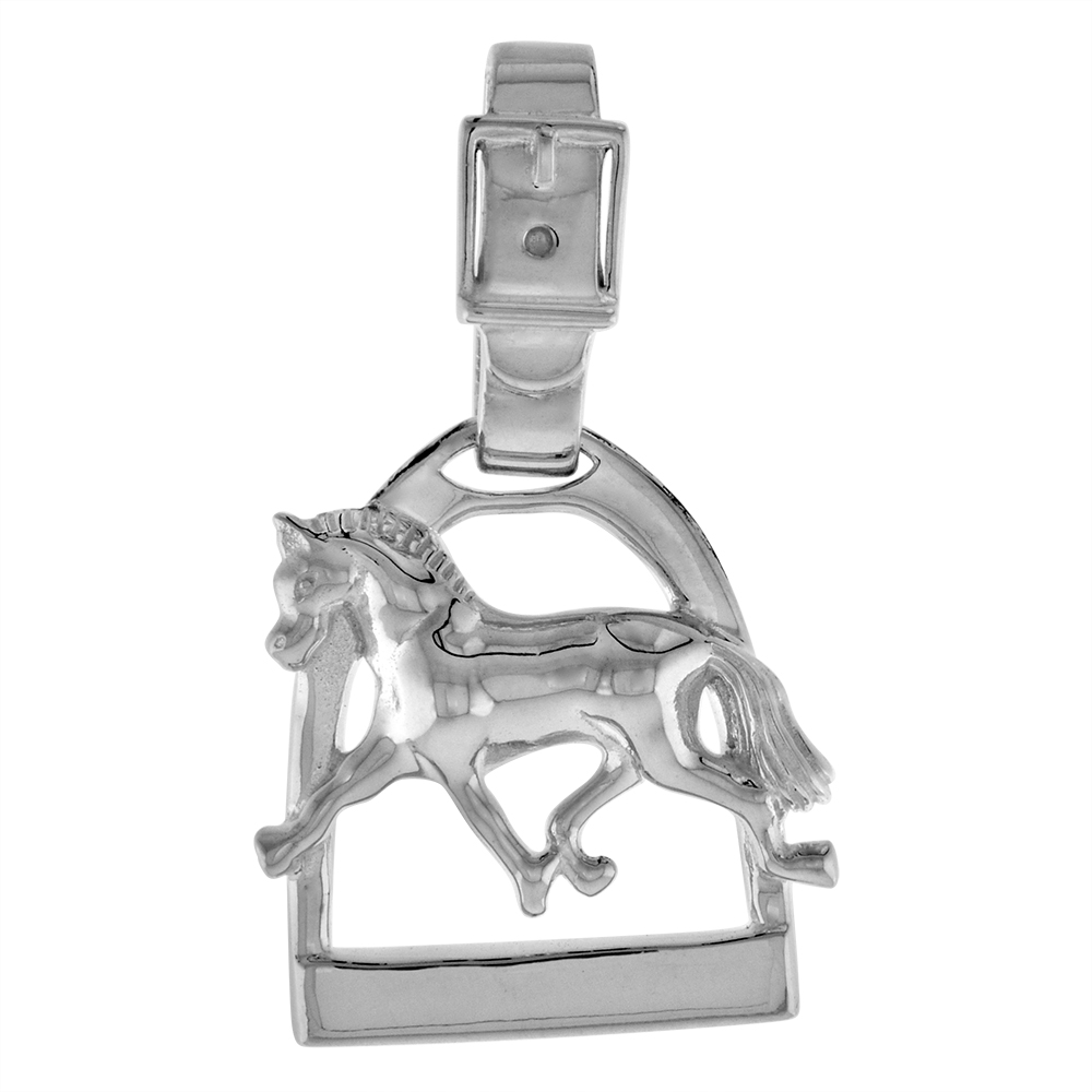 STERLING SILVER RUNNING HORSE IN STIRRUP PENDANT FOR WOMEN FLAWLESS HIGH POLISH 1 1/2 INCH TALL