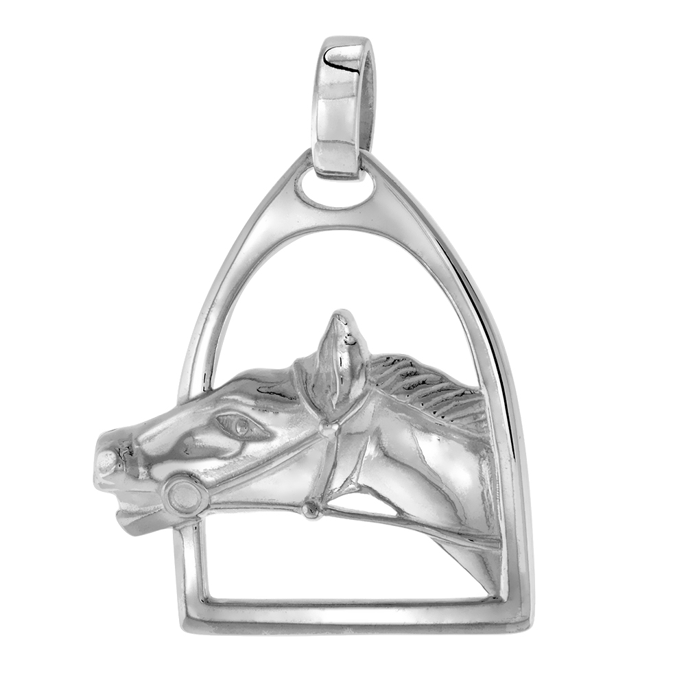 Sterling Silver Horse Head in Stirrup Pendant for Women and Men Flawless Polished Finish 1.5 inch