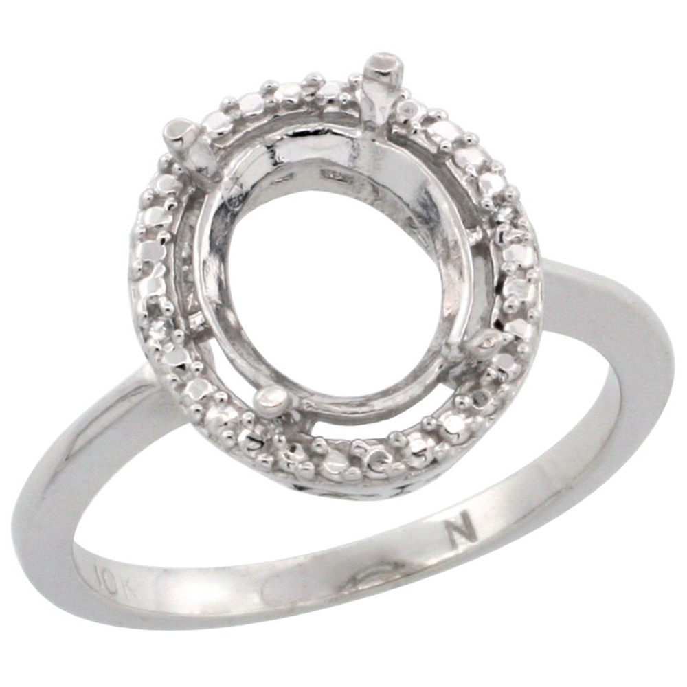 10k White Gold Semi-Mount Ring ( 10x8 mm ) Oval Stone & 0.13 ct Diamond Accent, sizes 5 - 10