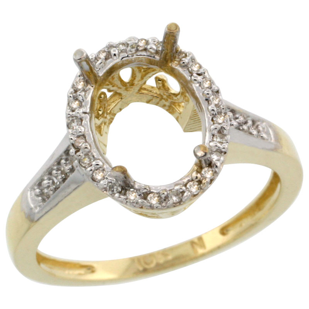 10k Yellow Gold Semi-Mount Ring ( 10x8 mm ) Oval Stone & 0.2 ct Diamond Accent, sizes 5 - 10
