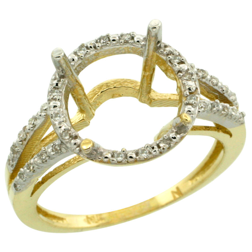 10k Yellow Gold Semi-Mount Ring ( 11 mm ) Large Round Stone & 0.15 ct Diamond Accent, sizes 5 - 10