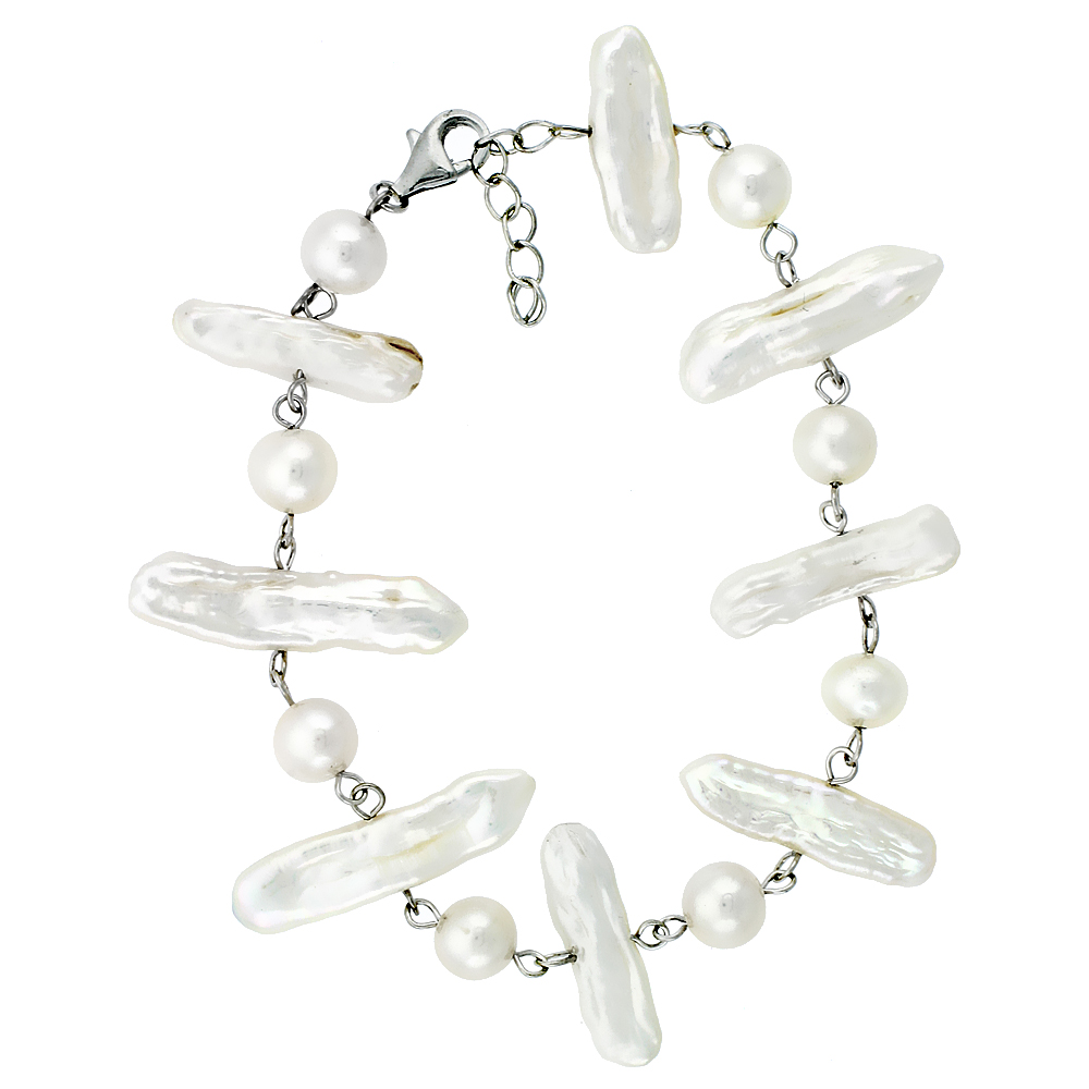 Sterling Silver Pearl Bracelet 7.5 mm and 22 mm Freshwater, 7.5 inch + 2" Extension