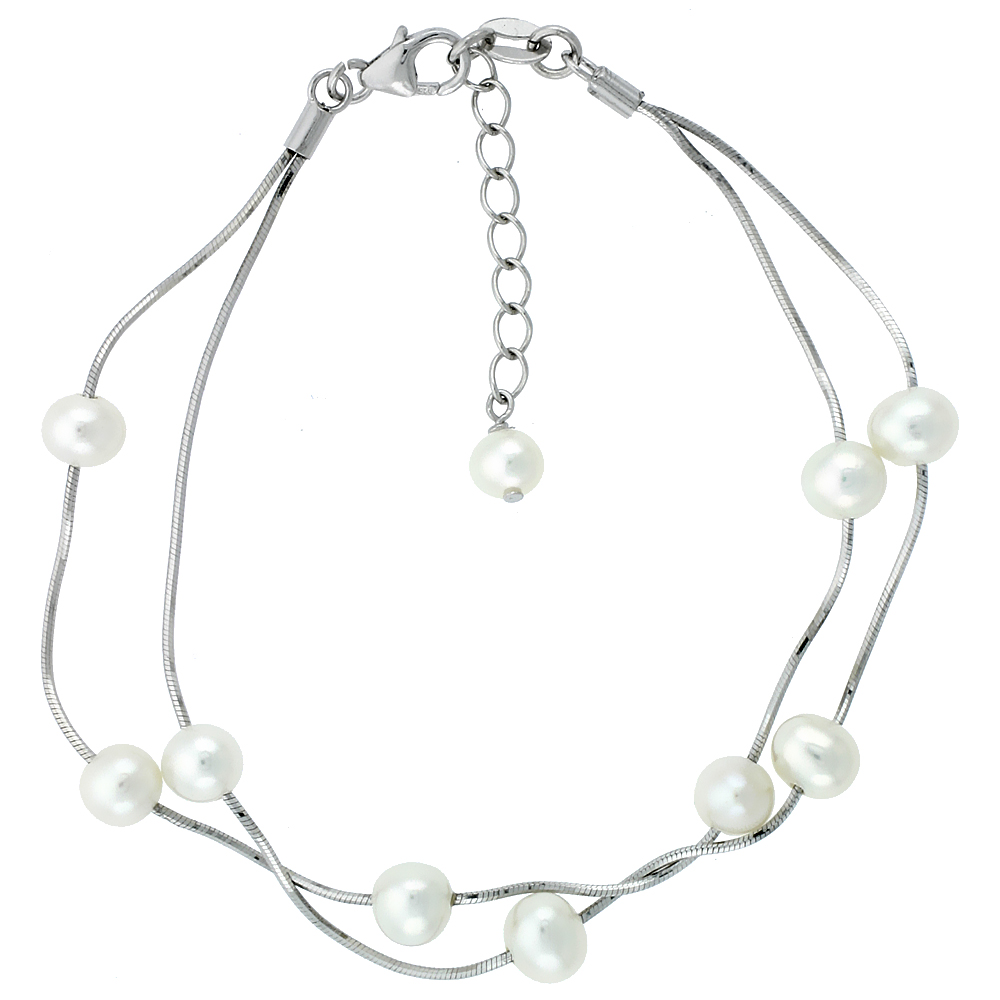 Sterling Silver Pearl Bracelet 6 mm and 5 mm Freshwater, 7.5 inch + 1 in. Extension