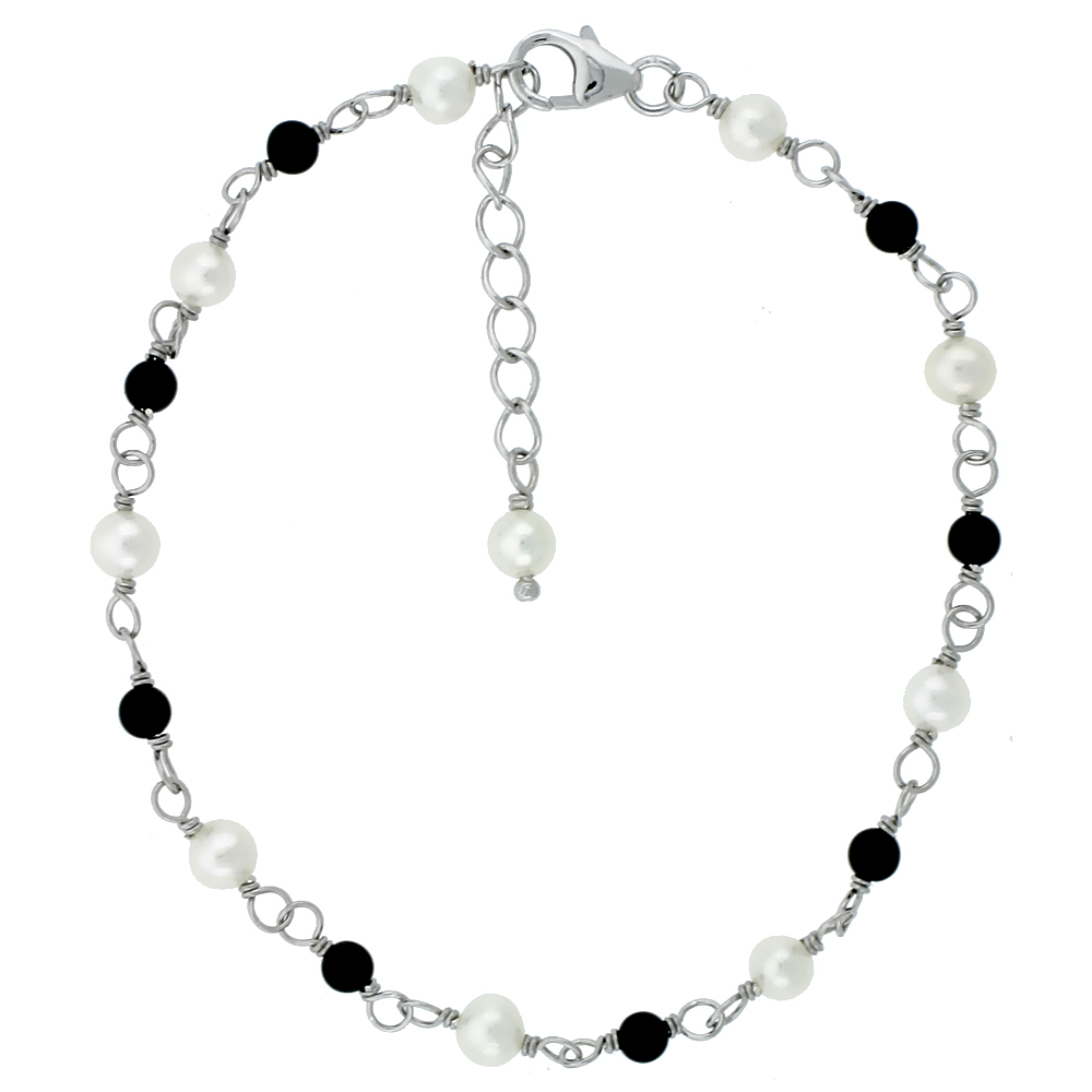 Sterling Silver Pearl Bracelet 4 mm Freshwater and 3 mm Onyx Beads, 7 inch + 1 in. Extension