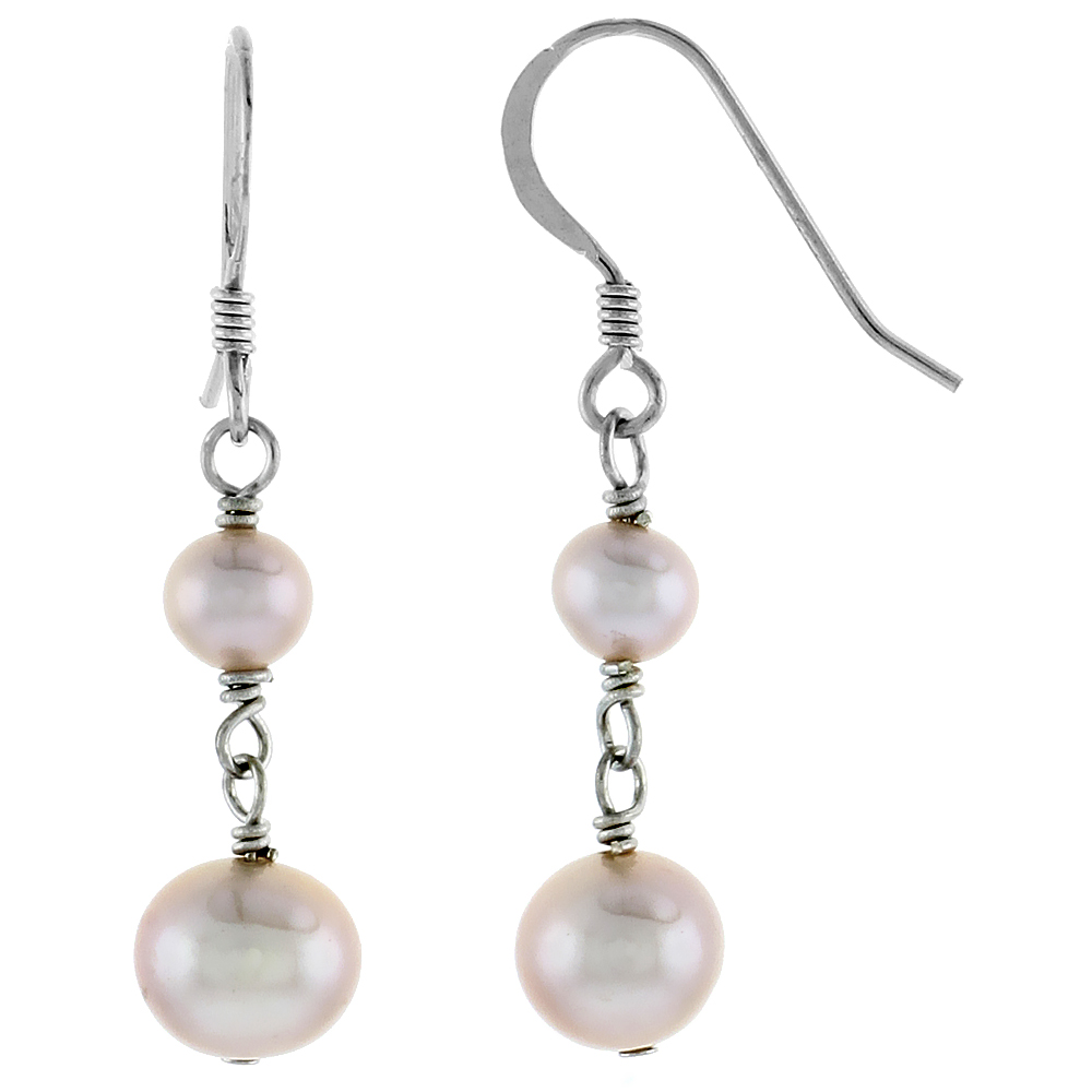 Sterling Silver Pearl Drop Earrings 7.5 mm and 5 mm Freshwater, 23 mm Long