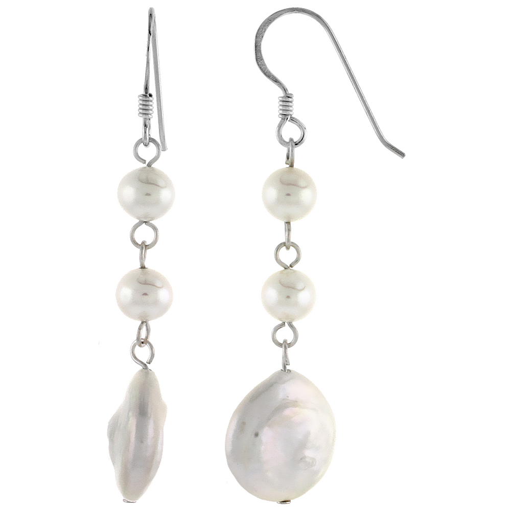 Sterling Silver Pearl Drop Earrings 14 mm and 5 mm Freshwater, 47 mm Long