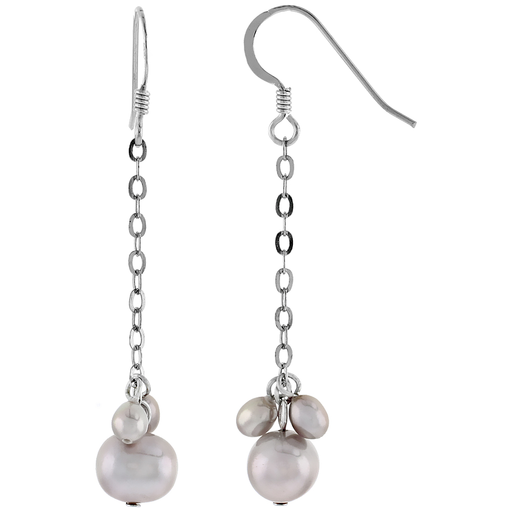 Sterling Silver Pearl Drop Earrings 8 mm and 5.5 mm Freshwater, 48mm Long